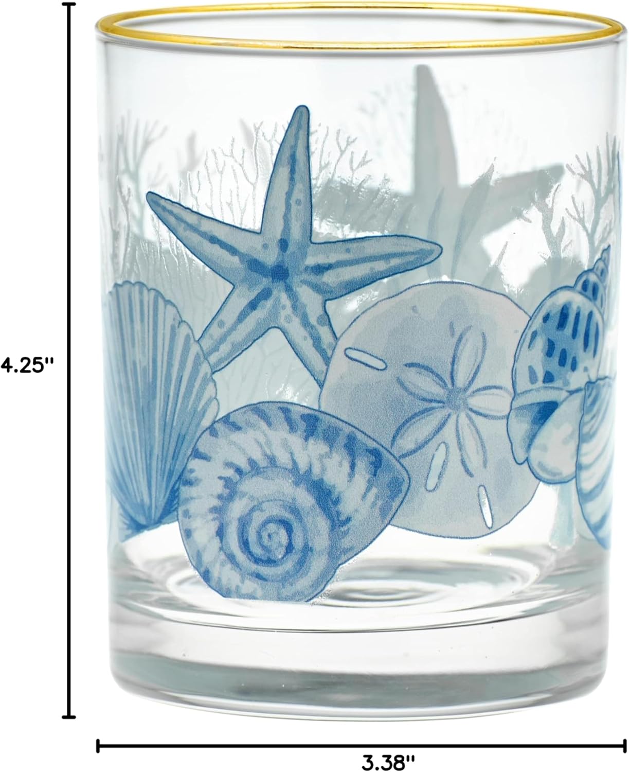 Culver 22k Gold Rim Blue Coastal Beach Shells DOF Double Old-Fashioned Glasses, 13.5-Ounce, Gift Boxed Set of 2
