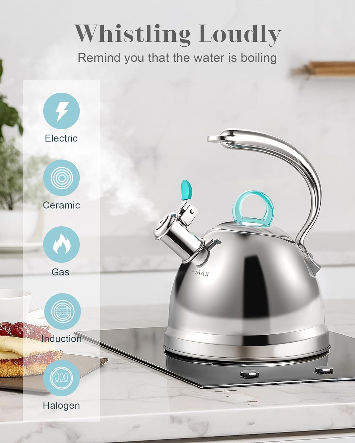 Harriet Tea Kettle Stovetop, 2.5 Quart Whistling Stainless Steel Tea Pot, 3-Layer Base, Unique Ergonomic Handle, Includes Pot Holder & Mat, Electric/Induction/Gas Stovetops Applicable, Mirror Finish