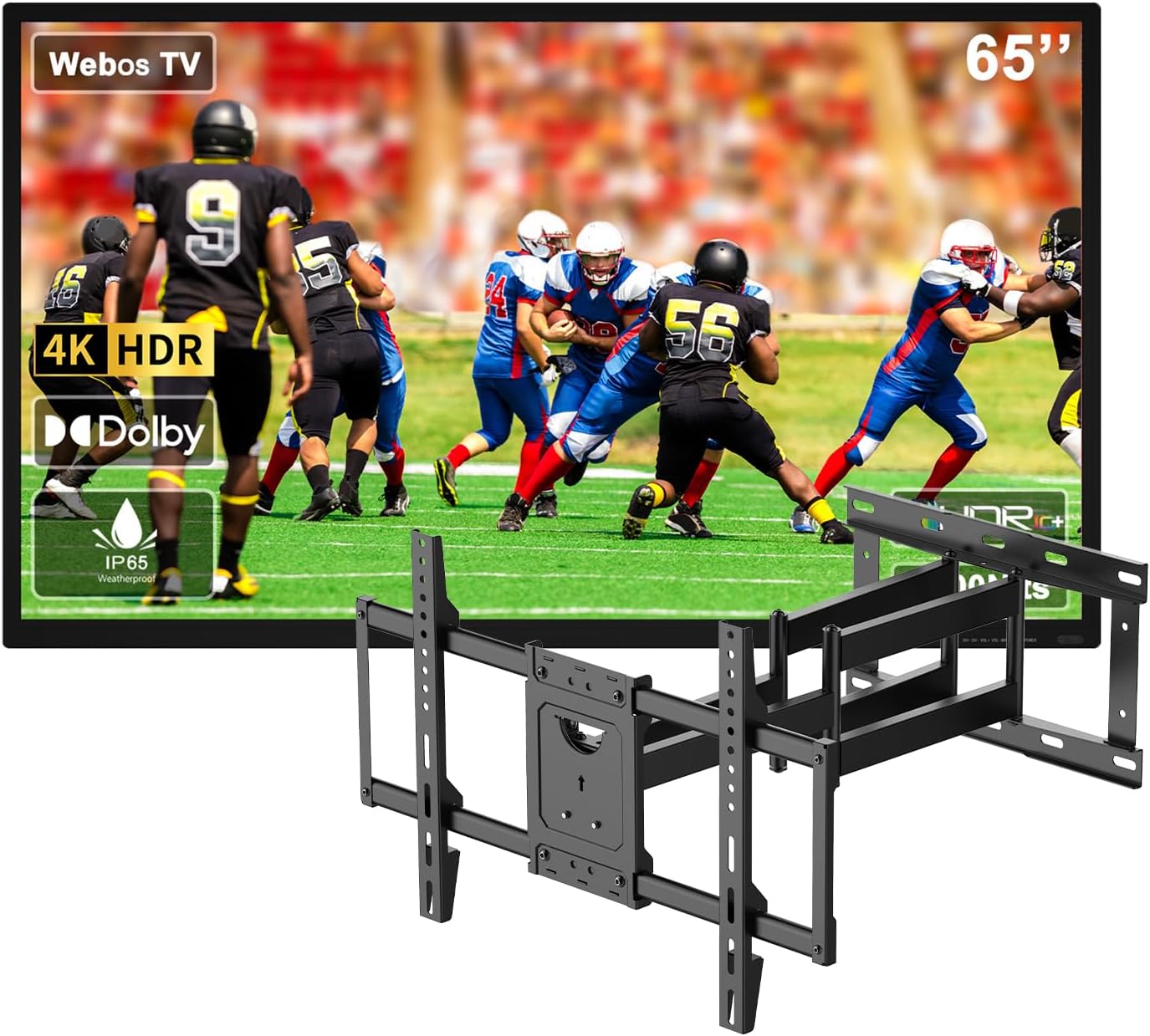 65-in Outdoor TV, 4K Ultra HD 2500 Nits Display | IP65 Waterproof & Dustproof | with Full Motion Articulating Arm Wall Mount Bracke, Designed for Outdoor Courtyards & Patios