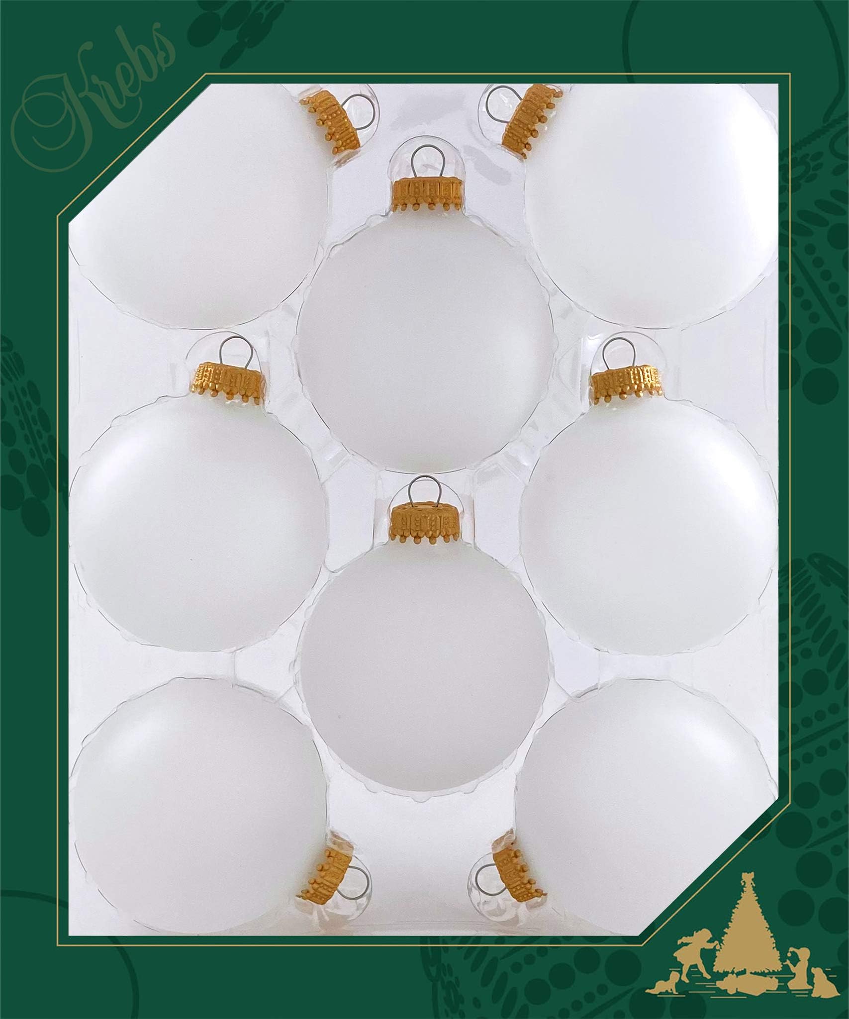 Christmas by Krebs [8 Pack] Frost White with Gold Caps 2 5/8" (67mm) Ornament Designer Seamless Craft Glass Ball