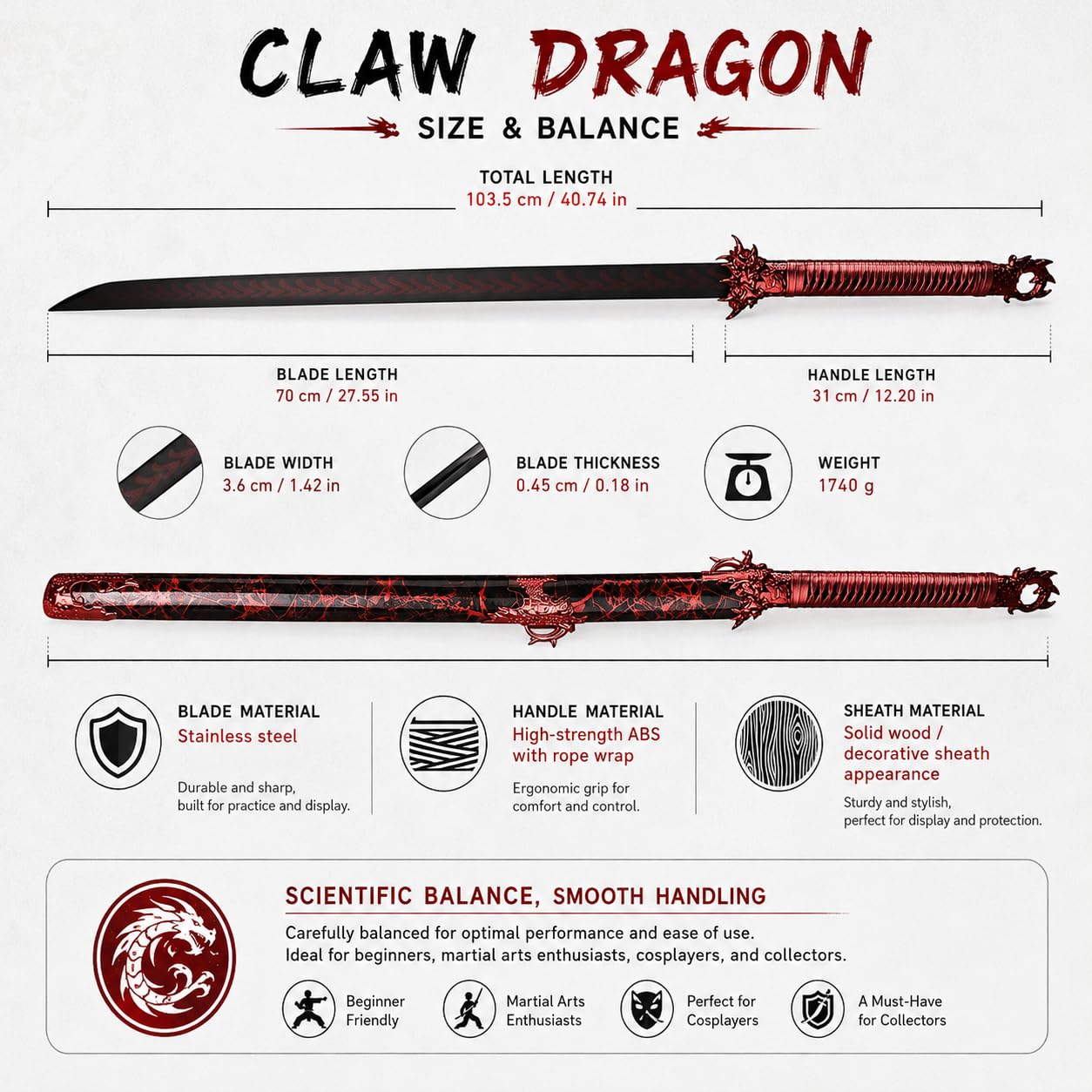 Claw Dragon Katana Schwert 103,5cm – Dekoratives Samuraischwert mit Drachen-Design, Edelstahl Klinge Nicht geschärft, schwarz-rot Fantasy Deko Schwert für Sammlung, Cosplay & Wanddekoration