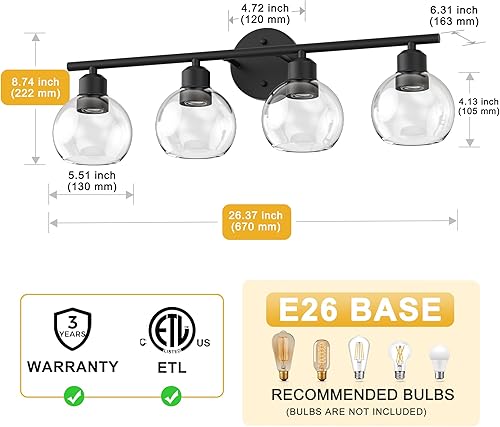 Miniatura 7 de L LOHAS LED Lámparas de baño negras sobre el espejo, lámparas de tocador de 4 luces con pantallas de vidrio transparente de globo, modernas luces de
