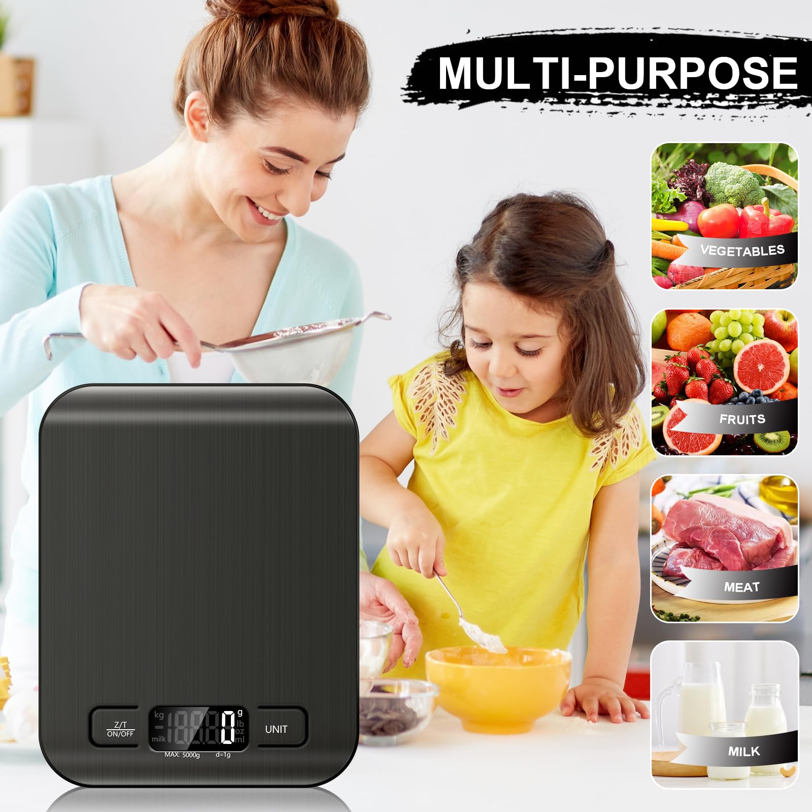 Bilancia da cucina da 5 kg, con 6 funzioni tara e display LCD, 1 g, in acciaio inox, bilancia digitale per alimenti, per cuocere al forno, cucinare, dieta e preparazione dei pasti (nero)