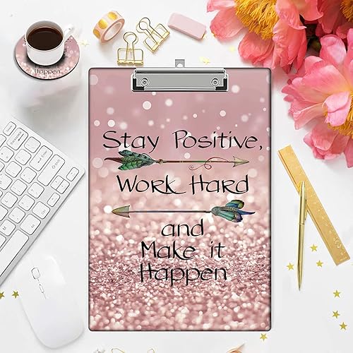 Miniatura 7 de Portapapeles de plástico Stardard tamaño carta A4 de 12.5 x 9 pulgadas, clip de perfil bajo, cita inspiradora para mantenerse positivo, trabajo duro