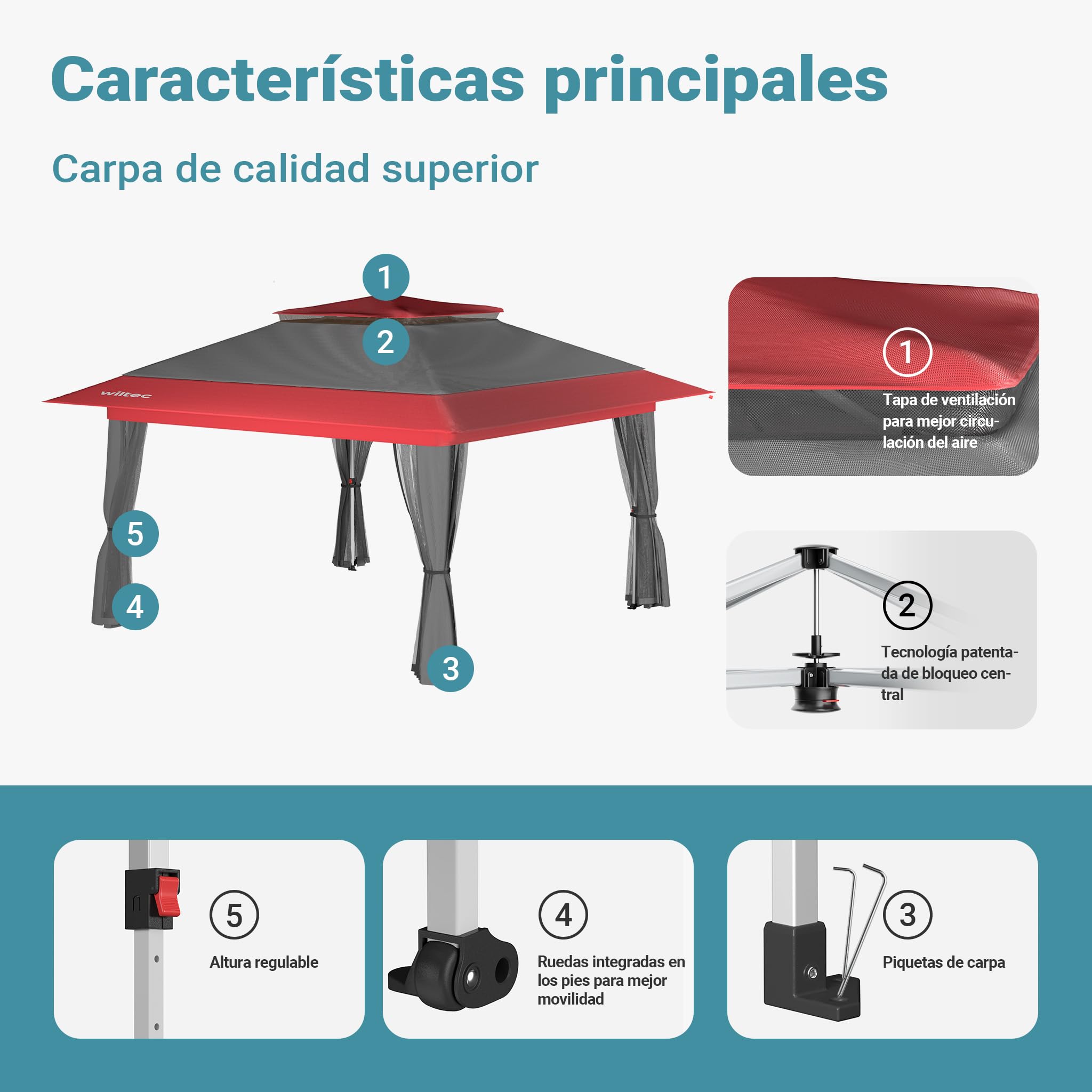 Wiltec Carpa Plegable Gris Rojo con protección contra los Mosquitos 3,92 x 3,92 m Fiestas jardín Exterior