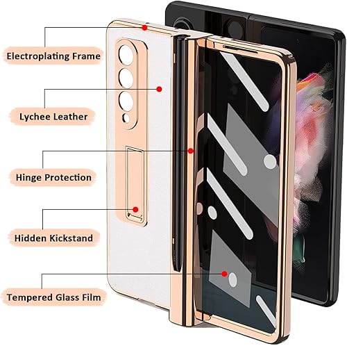 Miniatura 2 de Miimall Funda compatible con Samsung Galaxy Z Fold 3 con soporte para bolígrafo, patrón de cuero, protector de pantalla de vidrio templado+bisagra