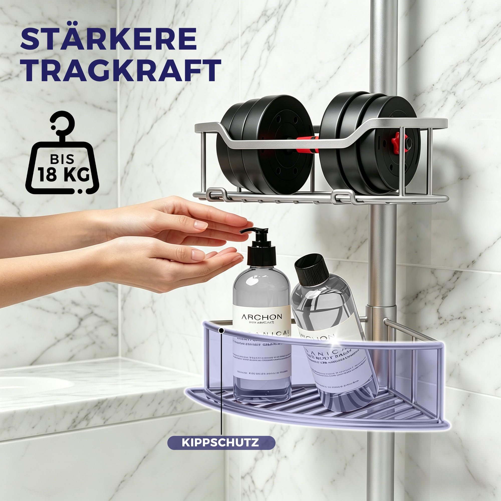 Purejoy Teleskop Duschregal ohne Bohren Silbergrau, höhenverstellbares Eckregal für Dusche & Badezimmer, rostfreie Duschablage mit 4 Körben (Silbergrau, 81–312 cm, Dreieckig)