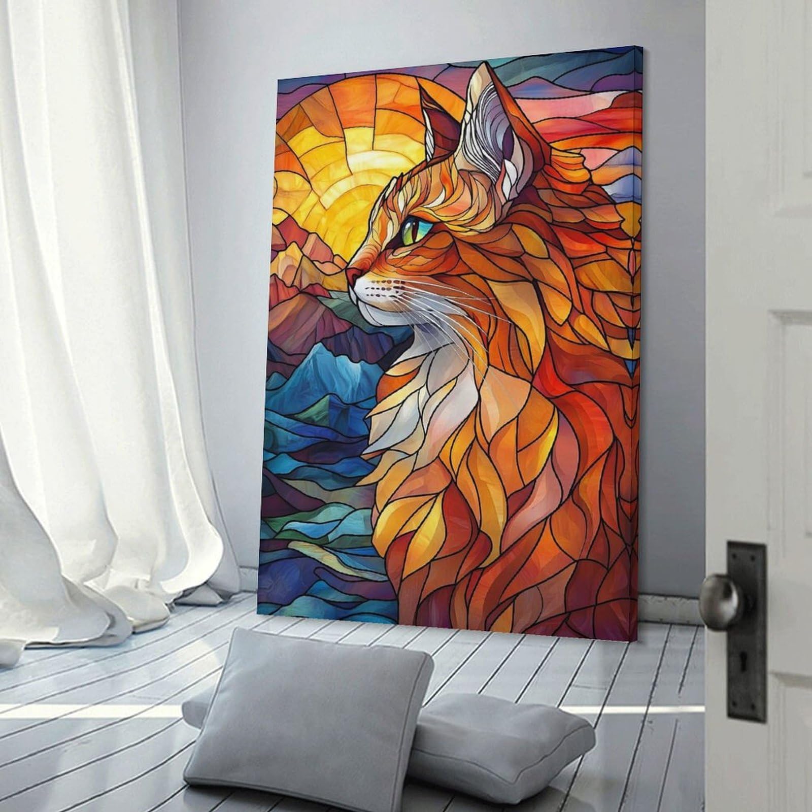 Junmoney Canvas Wall Art Stained Glass Cat, 16x24inch(40x60cm), for Bedroom, Guest Room Or Reading Nook, Canvas Wall Decor for Personal Spaces