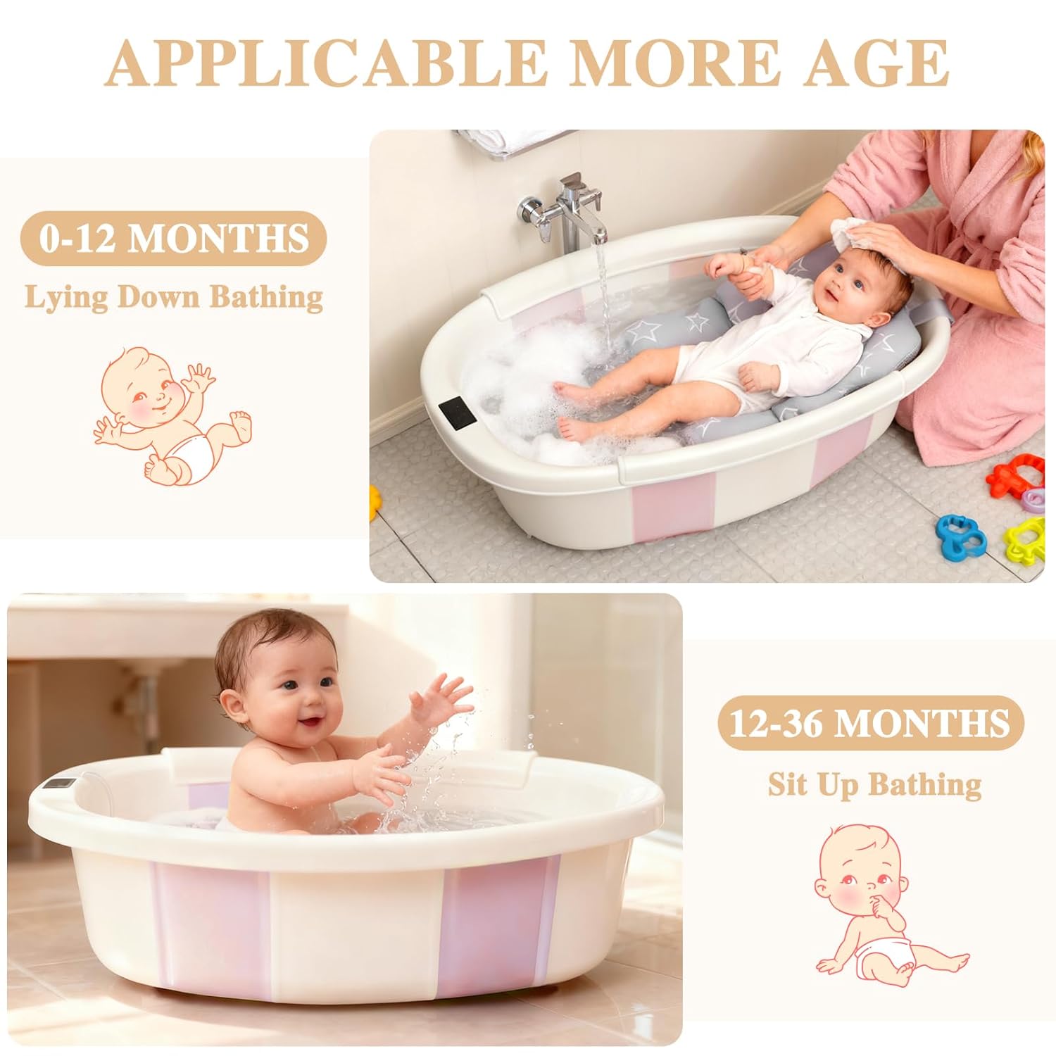 Baby Bathtub, Baby Bath Tub with Thermometer & Soft Cushion, Collapsible Infant Bathtub for Newborn to Toddler 0-36 Months, Quick Use & Portable for Travel(Pink)