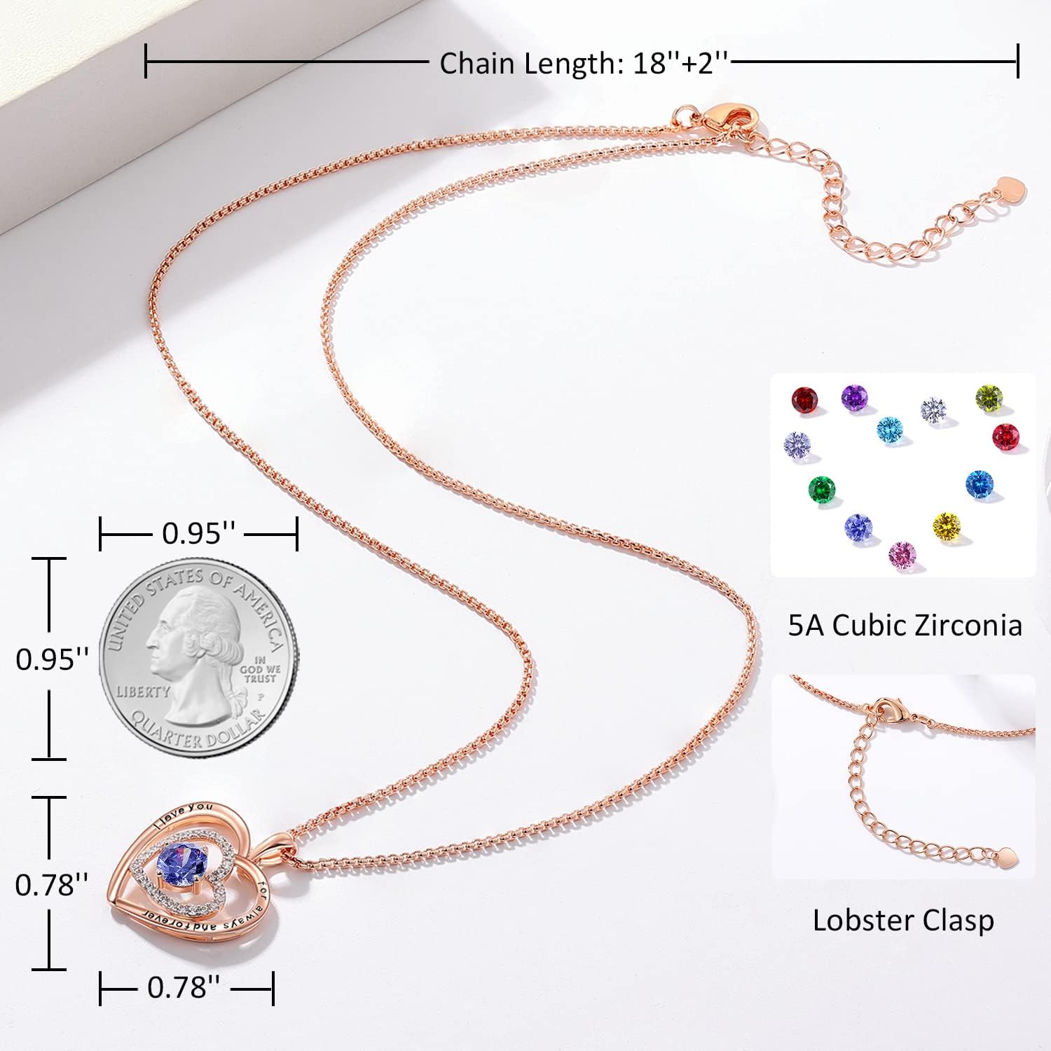 JD & P Heart Necklace for Women, Rose Gold Plated Cubic Zirconia Birthstone Pendant Necklace for Her, Gift Ideal for Wife Girlfriend Mom - Image 6