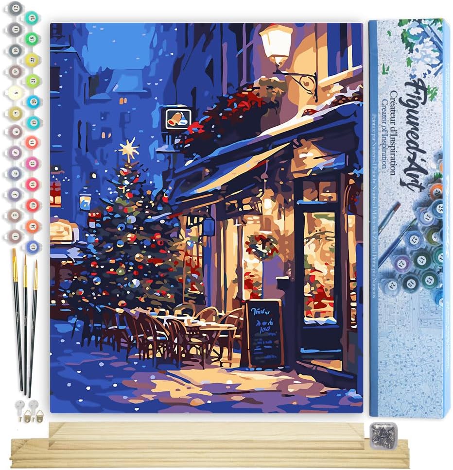 Figured'Art Paint by Numbers for Adults Festive Night Cafe 16x20in - Craft Art Painting Rolled Canvas with DIY Wooden Frame