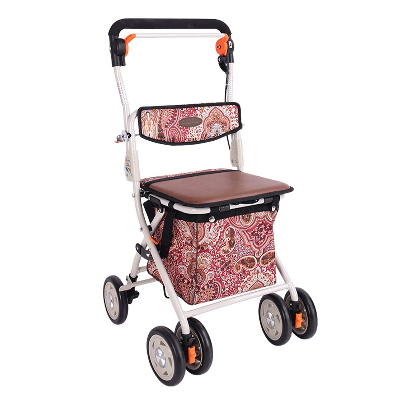Andador con asiento, plegable ligero, altura ajustable, asiento acolchado, cesta de transporte, frenos bloqueables, fácil almacenamiento y transporte