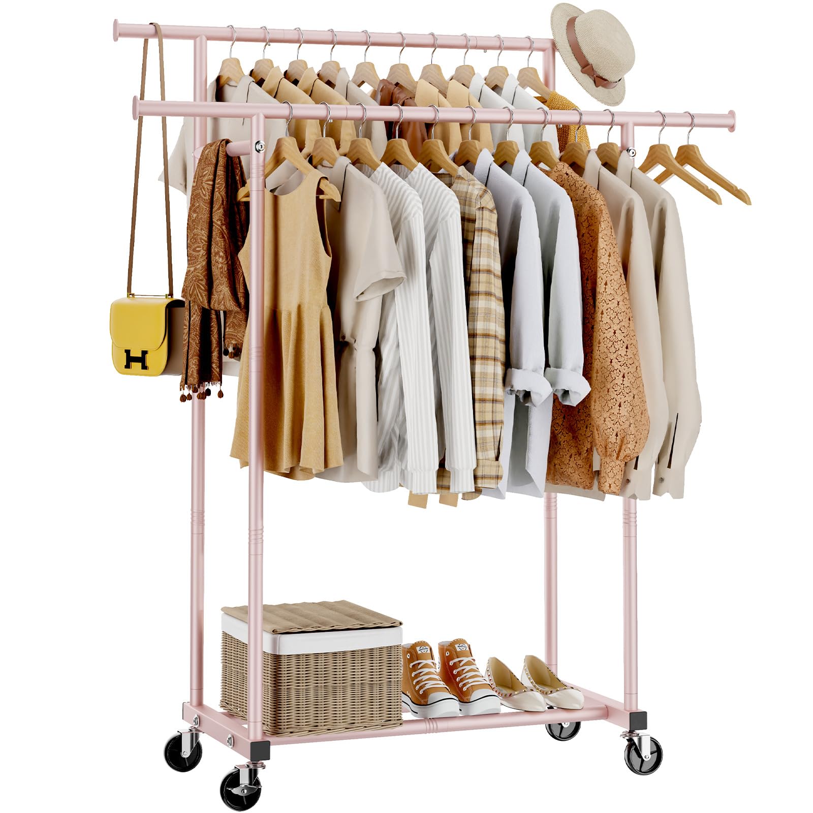 Double Rods Clothes Rack, Sturdy Rolling Clothing Rack, Portable Clothing Racks for Hanging Clothes - Metal Garment Rack Wardrobe Coat Rack for Bedroom Laundry Living Room, Pink