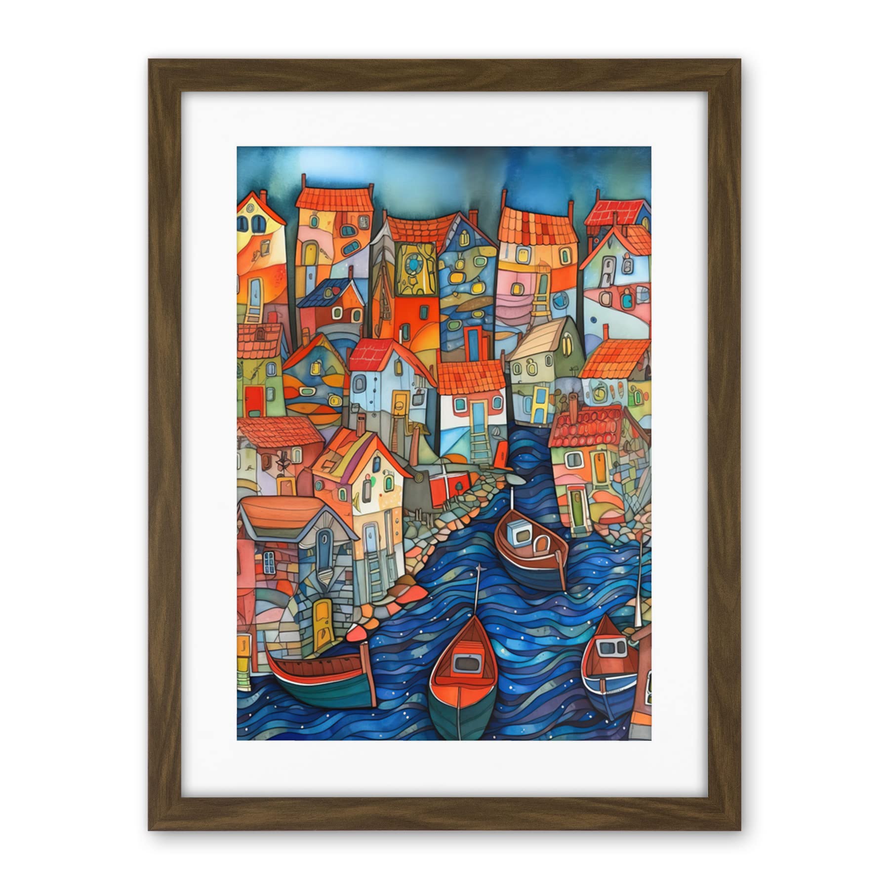 Artery8 Fishing Village Canal Folk Art Watercolour Painting Artwork Framed Wall Art Print 18X24 Inch