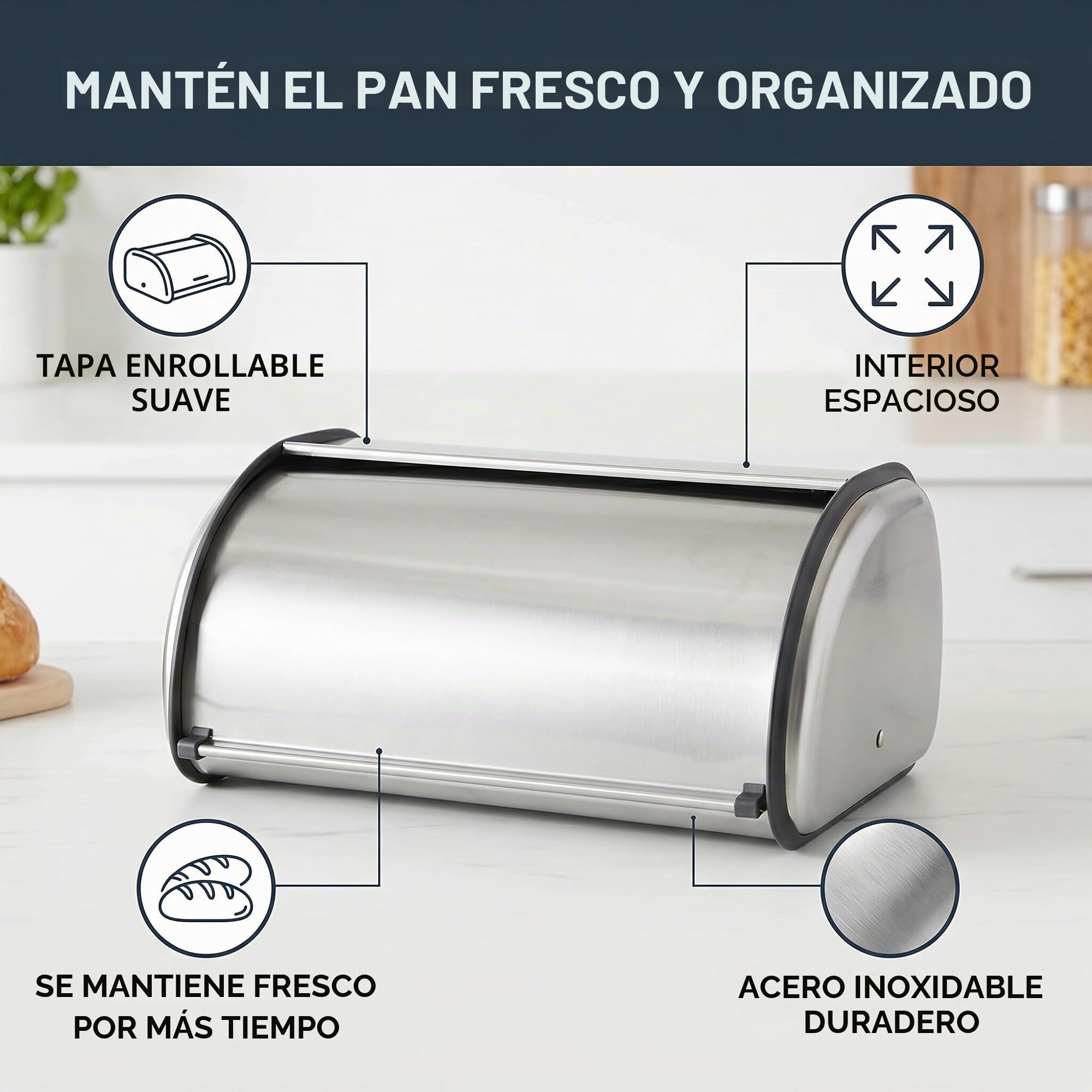 Caja para Pan, Caja para Pan de Acero Inoxidable con Tapa Frontal, Recipiente para Pan, Caja para Pan con Ruedas, Soporte para Caja de Pan, Recipiente para Almacenamiento de Pan