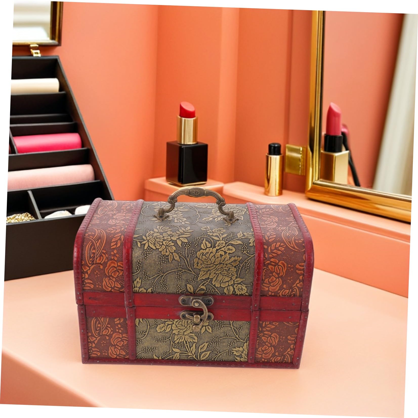 jojofuny Antique Wooden Jewelry Box Large Retro Treasure Chest with Lock for Storing Rings Necklaces Earrings Decorative Storage Organizer for Women