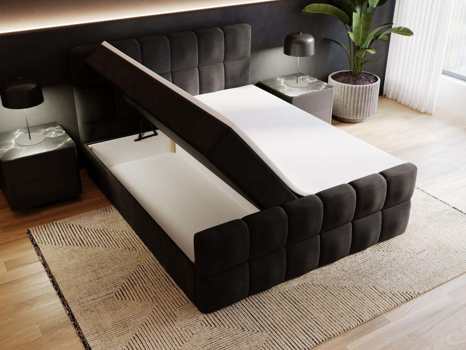 GRAINGOLD Alicante Bett, Boxspringbett mit Bettkasten, Polsterbett mit Bonell-Matratze, Velvet-Stoff, mit Topper, mit Kopfteil (Schwarz, 200x200)