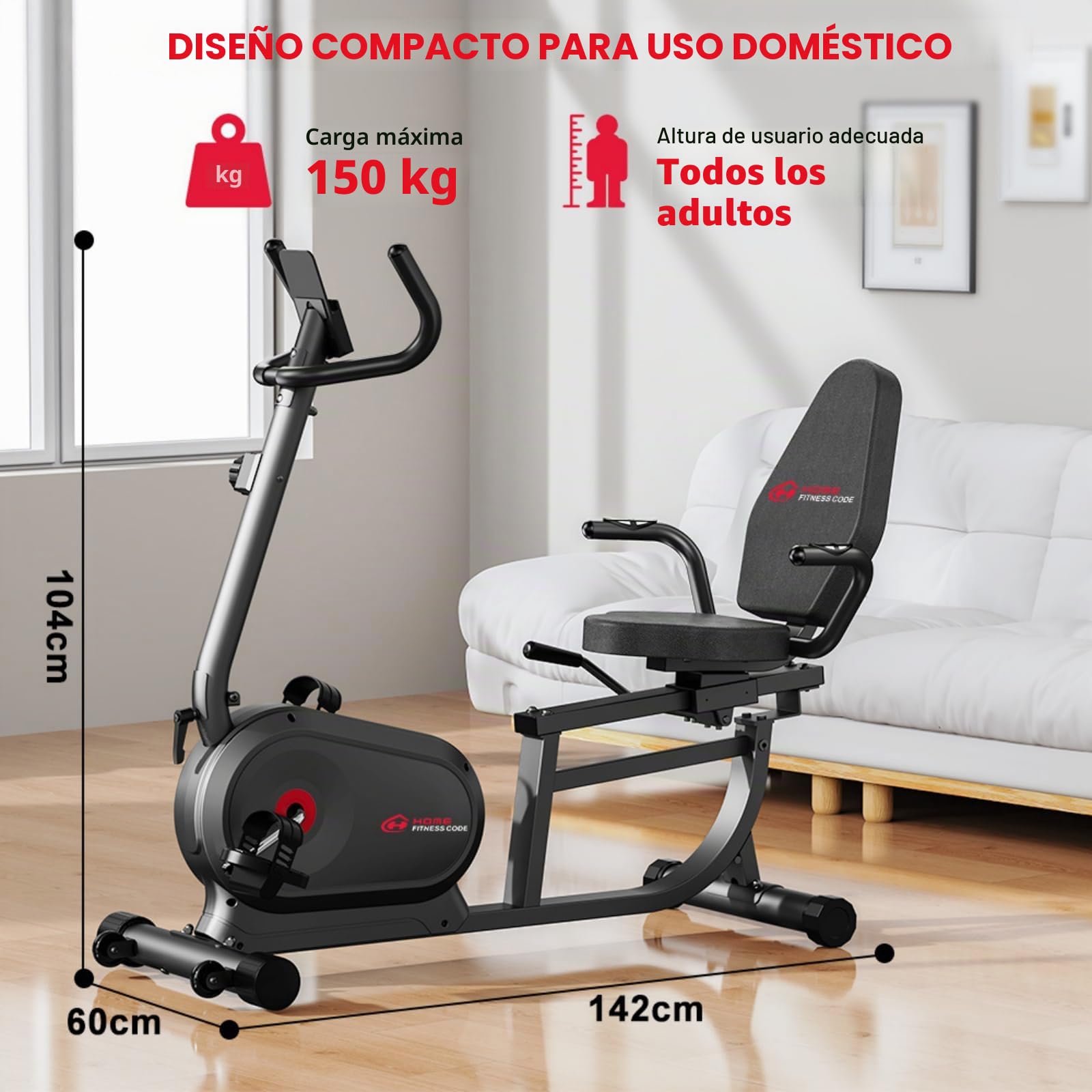 Bicicleta Estática Reclinada para Casa con Respaldo Ergonómico, Bicicleta Magnética Horizontal, 16 Niveles de Resistencia, Pantalla LCD, Ideal para Cardio y Rehabilitación, Soporta hasta 150 KG