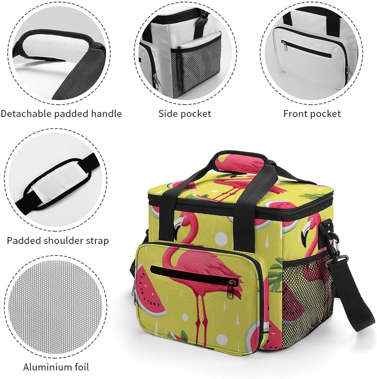 Large-Capacity Oxford Cloth Pink Flamingo and Watermelon Printed Camping Ice Bag, Outdoor Portable Insulation and Cold Storage Bag, Enjoy A Cool Camping Time