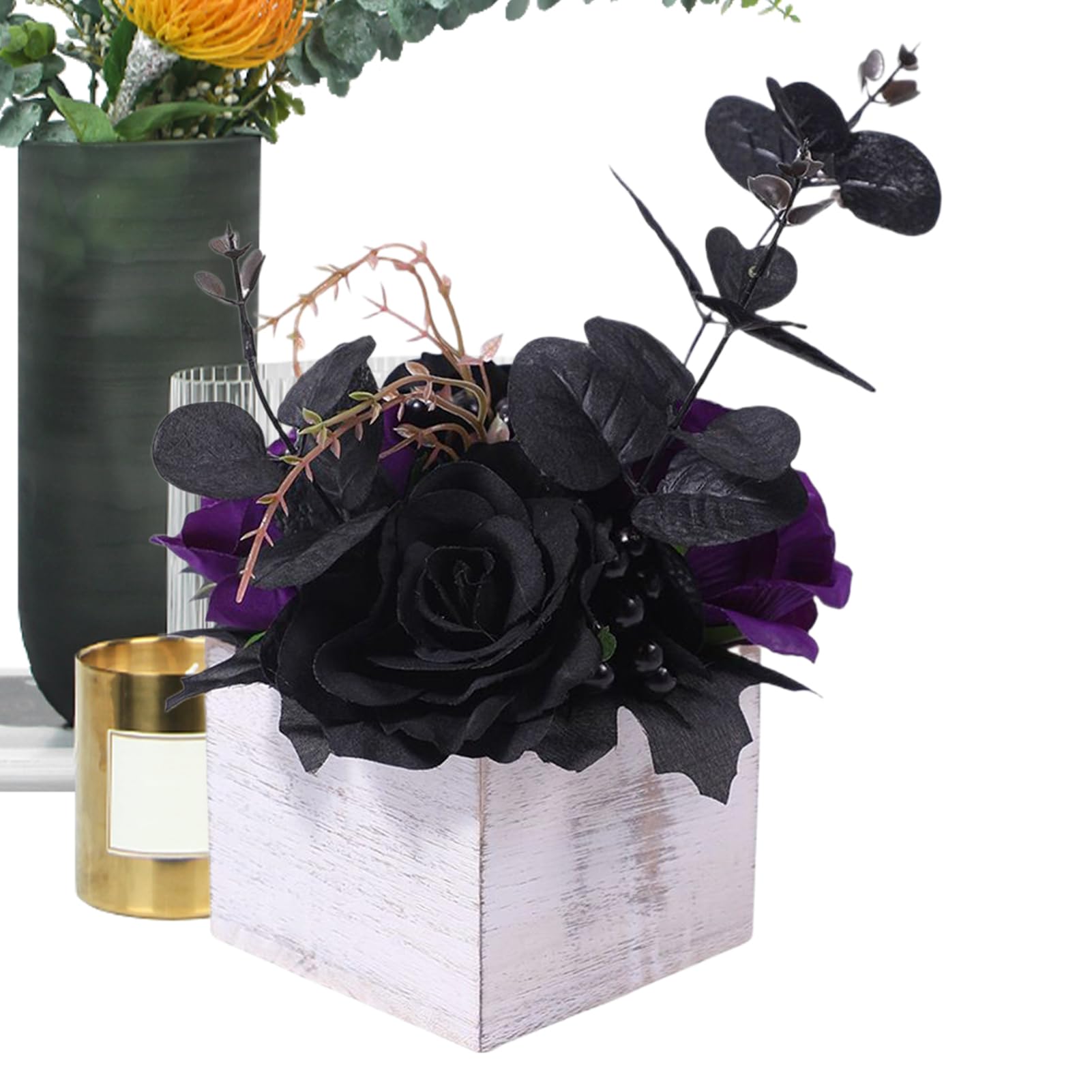 Arrangement floral Halloween en centre de table avec son vase en bois rustique