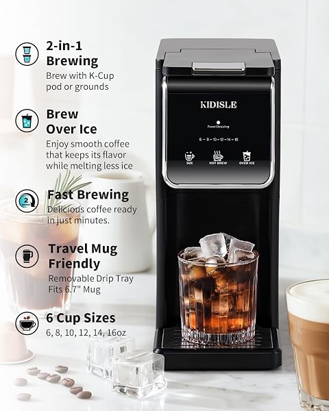 KIDISLE Hot & Iced Single Serve Coffee Maker for K Cup & Grounds, 6–16oz Brew Sizes, 40oz Water Tank, Reusable Pod Filter, Easy-to-Use for Home, Office, Dorm, Black - 2