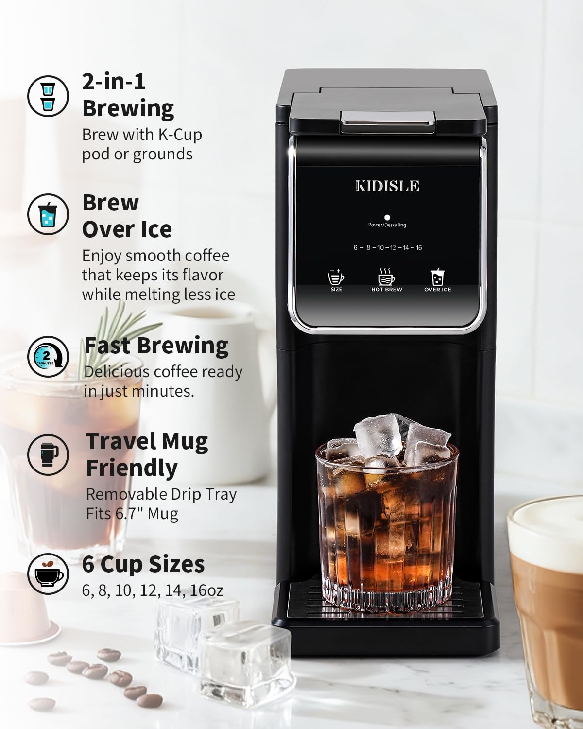 KIDISLE Hot & Iced Single Serve Coffee Maker for K Cup & Grounds, 6–16oz Brew Sizes, 40oz Water Tank, Reusable Pod Filter, Easy-to-Use for Home, Office, Dorm, Black — view 2