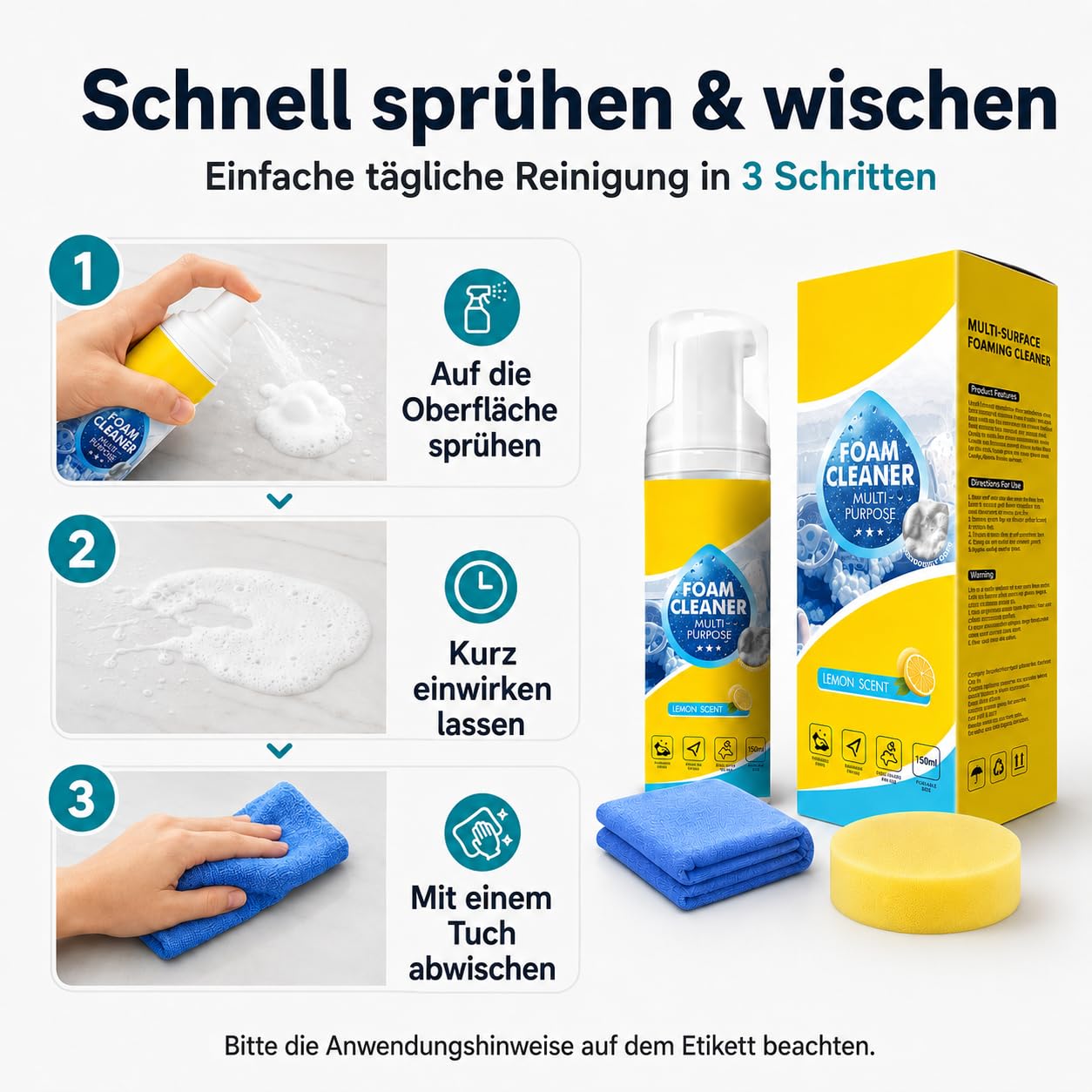 4-in-1 Mehrzweck-Schaumreiniger Spray, 150 ml / 5 fl oz, Reinigungsschaum zum Sprühen und Abwischen für Autoinnenraum, Küchenoberflächen, Badezimmerfliesen und Polster (2)