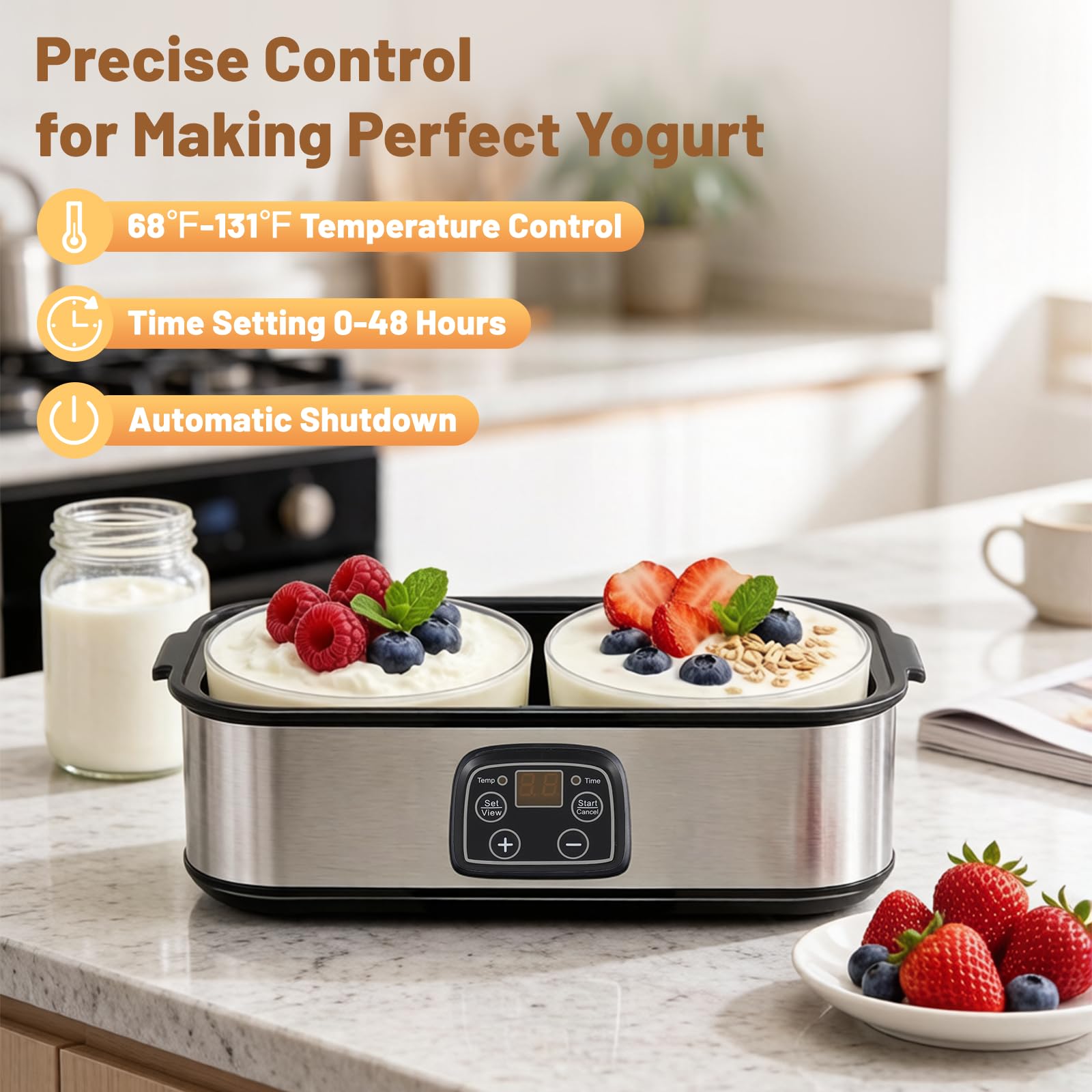Joghurtbereiter, 2000 ml Joghurtmaschine mit 2 Gläsern, Joghurt Maker mit Temperaturregelung und Timer, LCD-Display, Yogurt Maker Elektrisch für Griechischer Joghurt, Käse, Natto