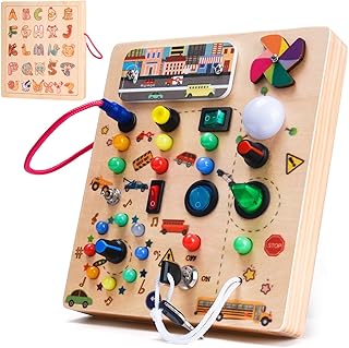 Nauotk Busy Board Montessori Toy for Babies from 2 Years, Motor Skills Toy with 19 LEDs, Wooden Toy Sensory Toy, Educational Toy for Toddlers, Gift Boys and Girls from 2 3 4 Years