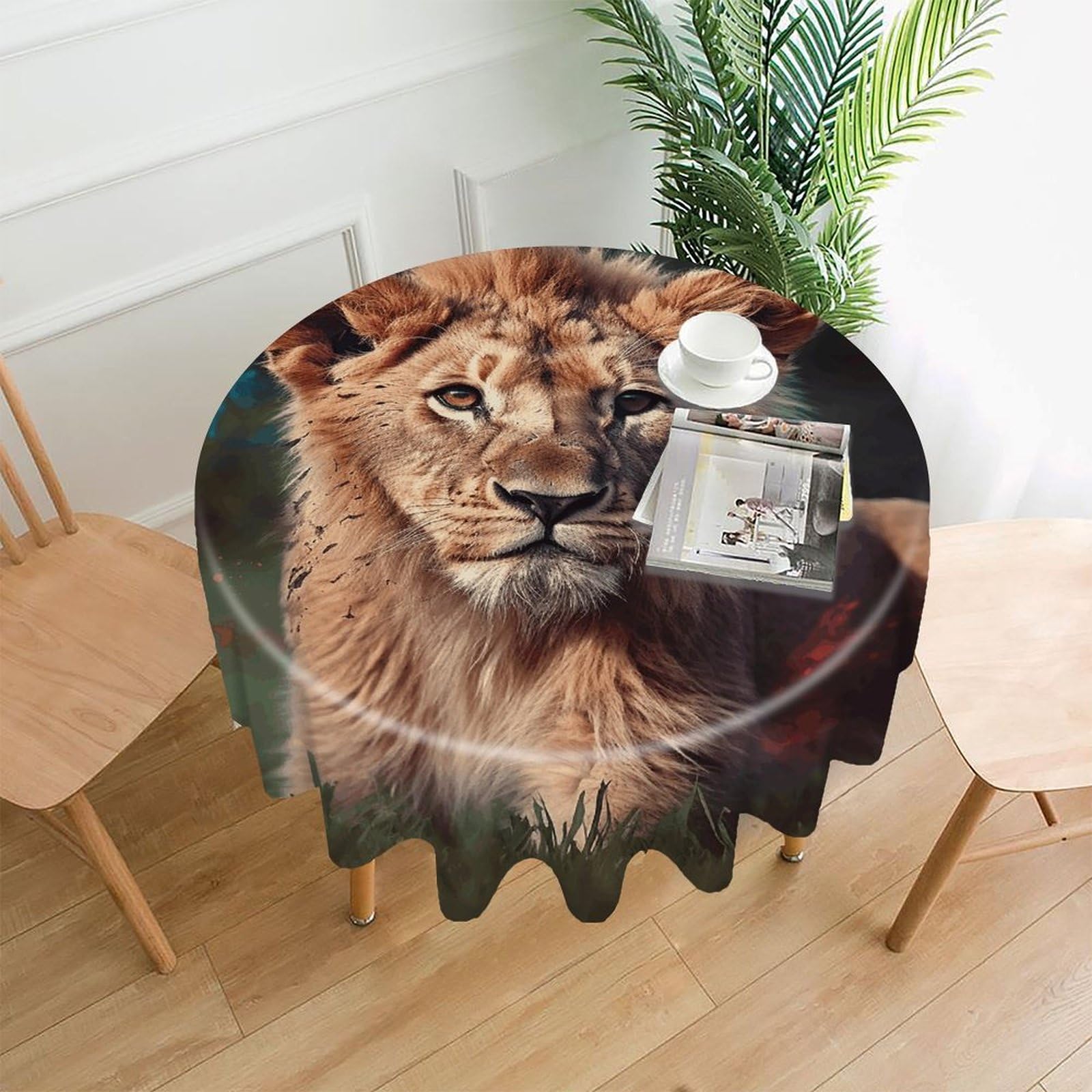 FekiLoot Art Lion Round Tablecloth Cover 60 Inch Wrinkle Free Washable Polyester Fabric Table Cover Decorative Round Table Cloth for Home Dining Kitchen Party Farmhouse