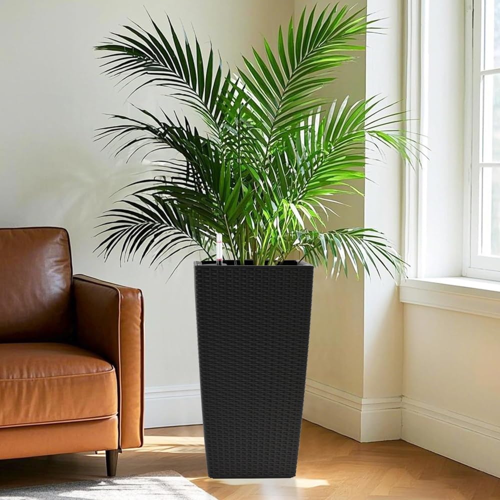 Elegant Woven Resin Outdoor Planter with Built-in Water Reservoir for Patios, Balconies, and Garden Spaces (04 + Black + 2pcs/Carton)