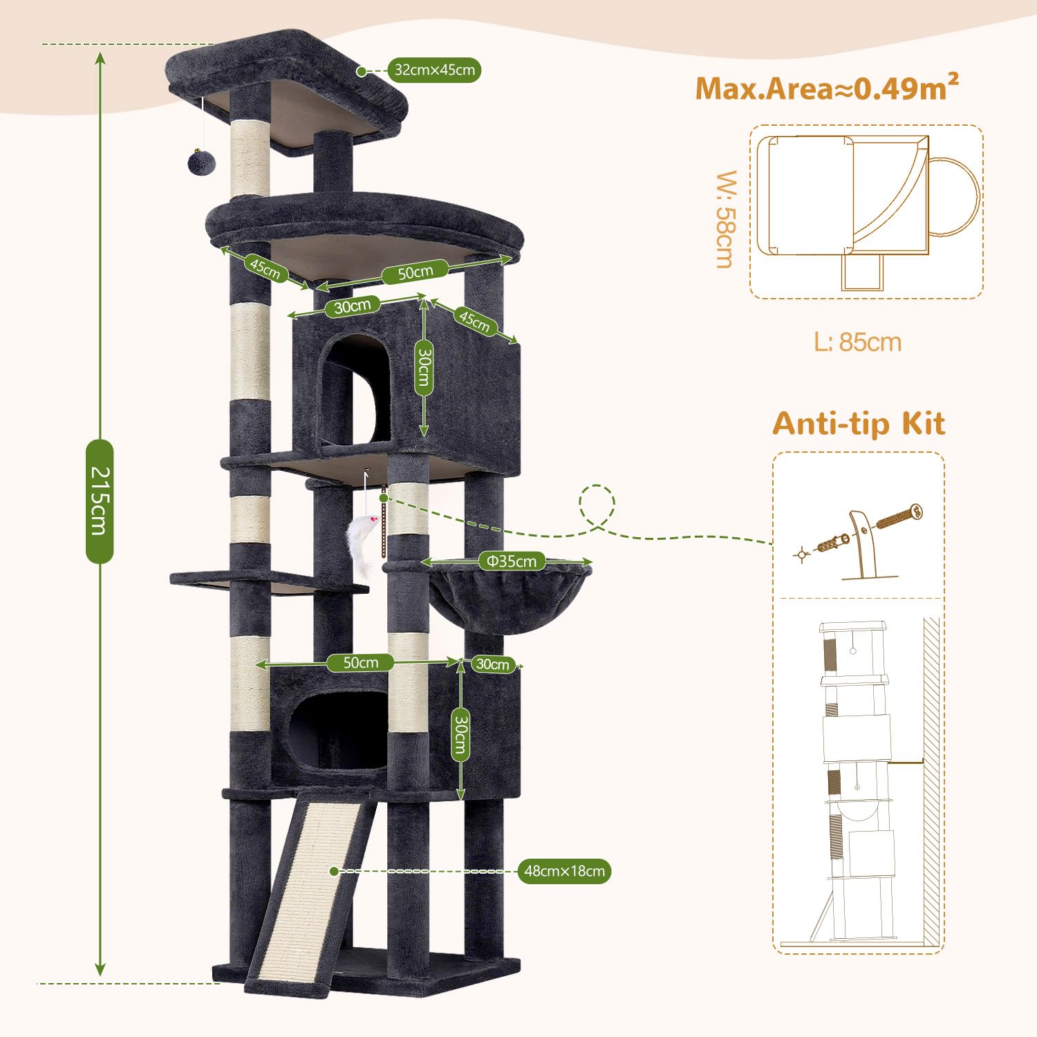 Globlazer Árbol Rascador para Gatos XXL 215 cm Alto con 2 Grande Nidos, Extragrande Plataforma, Perchas, Cesta, Tabla Rascar Sisal, Estable Rascador para 3-5 Gatos Adultos Grandes (F84B, Gris Oscuro)