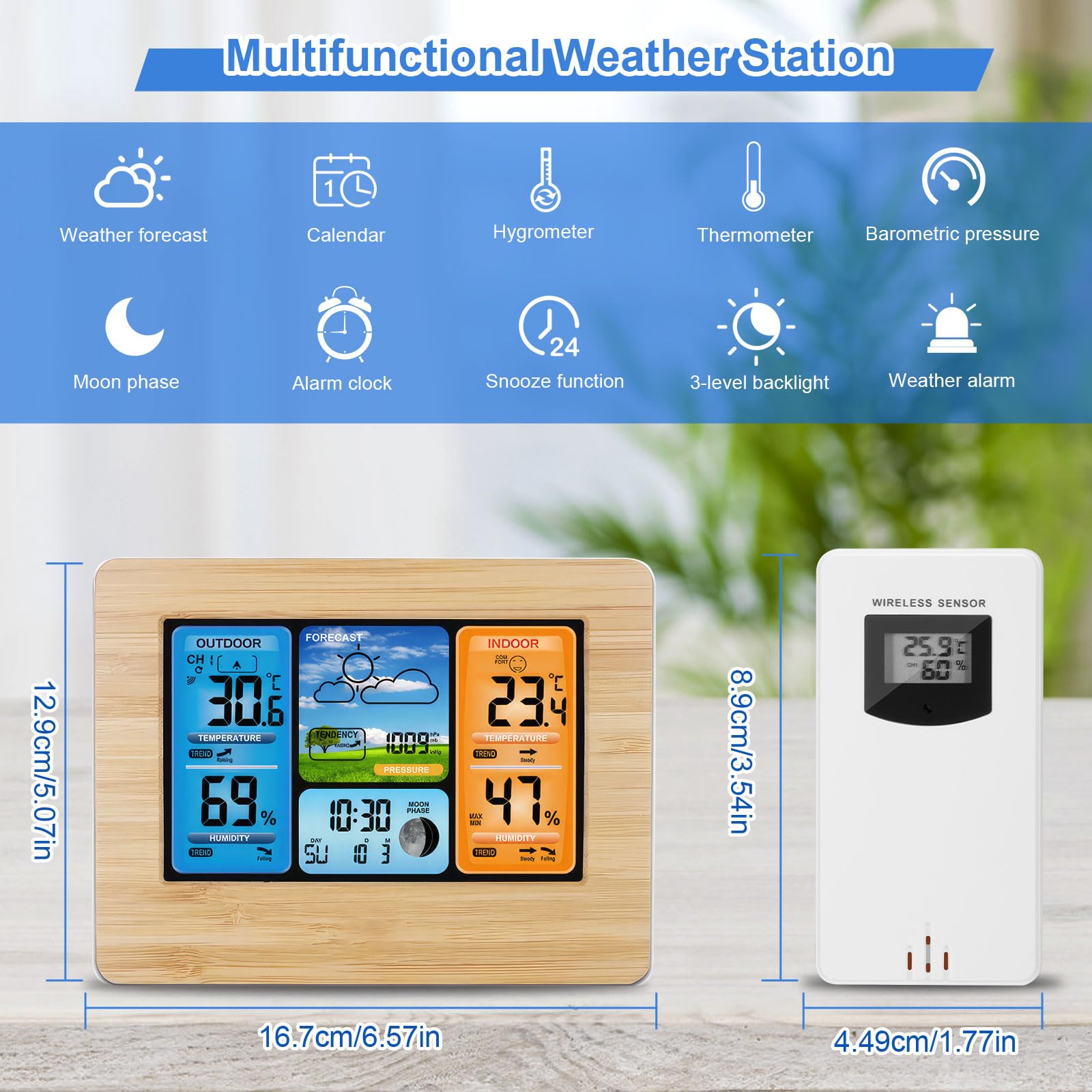 Stazione Meteorologica Con Sensore Wireless Esterno, Stazione Meteorologica Digitale per La Casa- Stazioni Meteorologiche Digitali Lcd Con Allarme E Temperatura/Umidità//Fase Lunare/Sveglia/Data Ora