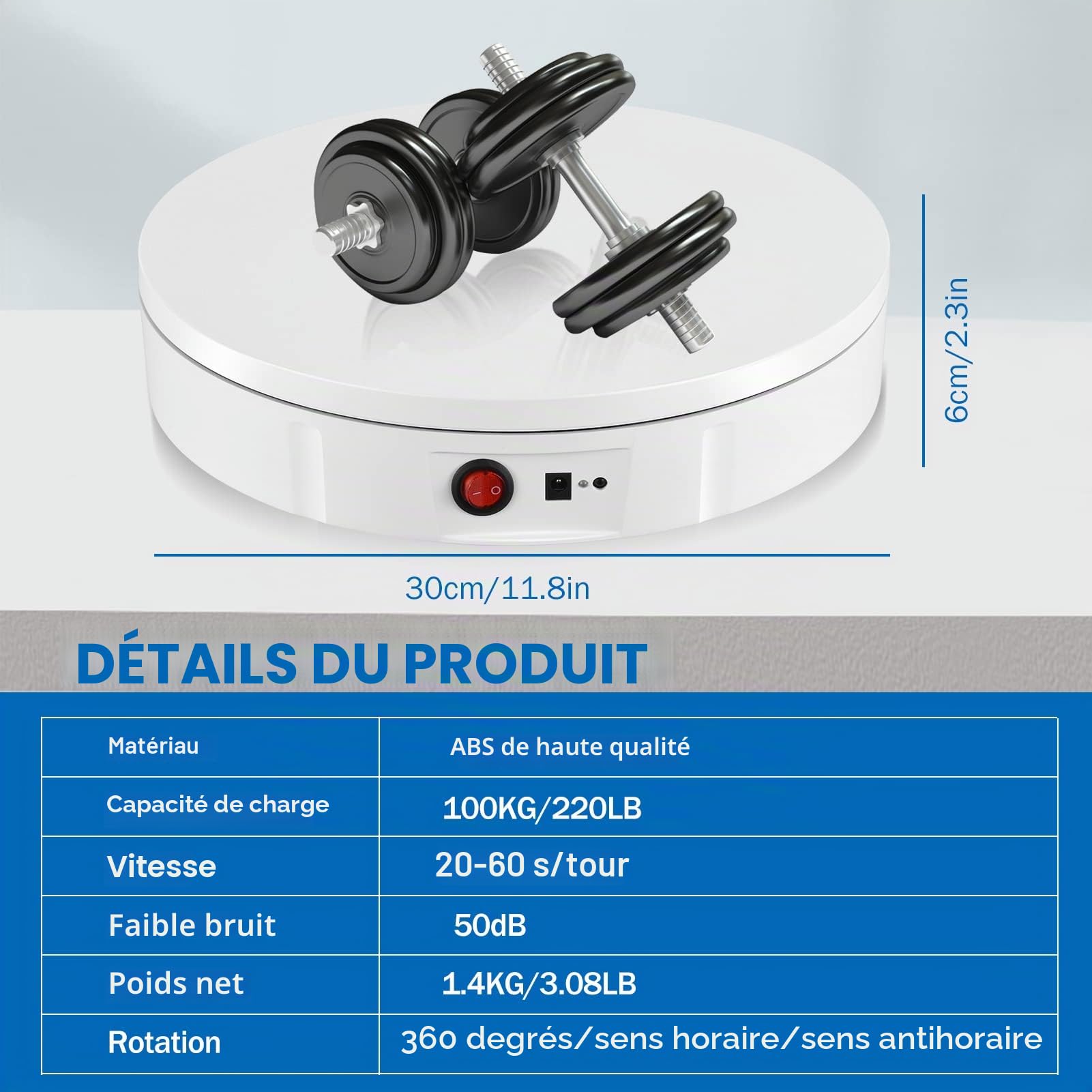 Plateau Tournant Electrique, VAYOTOY Rechargeable Plateau Tournant 100 kg de Charge 30cm de Diamètre Presentoir tournant Electrique avec Télécommande Direction de Vitesse Réglable pour Photographie