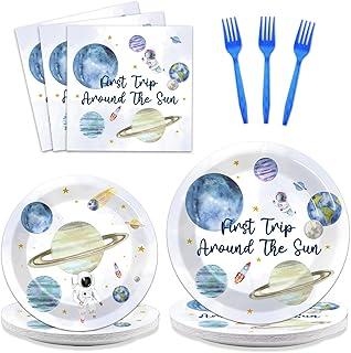 96 PCS First Trip Around The Sun Birthday Party Decorations Outer Space Themed Decorations 1st Space Birthday Dinner Paper Plates Boho Solar System Napkins Forks Sun Theme Party Favors Supplies