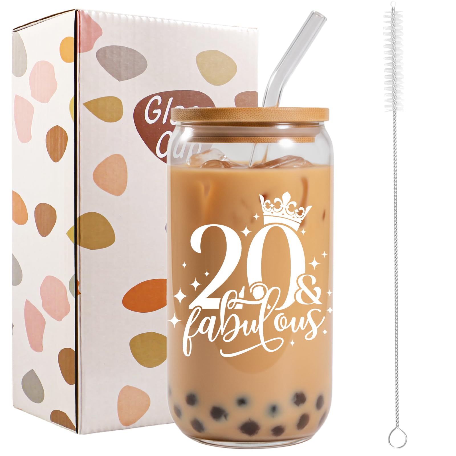 Bliceon 20th Birthday Gifts for Girls, 20th Birthday Iced Coffee Cup, 16oz Glass Cups with Lids and Straws for Daughter, Sister, Best Friend, Granddaughter, 20 Year Old Girl — image 1