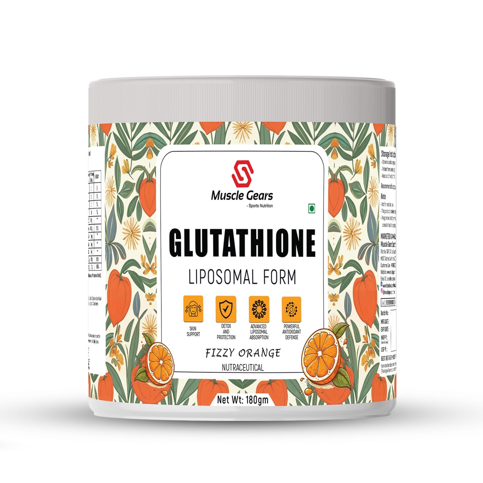 Buy Muscle Gears L-Glutathione Powder | Vitamin C, E, Biotin & Grape Seed Extract | Skin Glow, Brightening & Radiance | Sugar Free Antioxidant