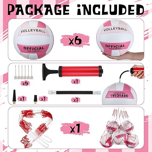Miniatura 5 de Soulchen 6 pelotas de voleibol tamaño oficial 5, impermeables, color rosa, con bomba y bolsa de red, para adultos, deportes en interiores y