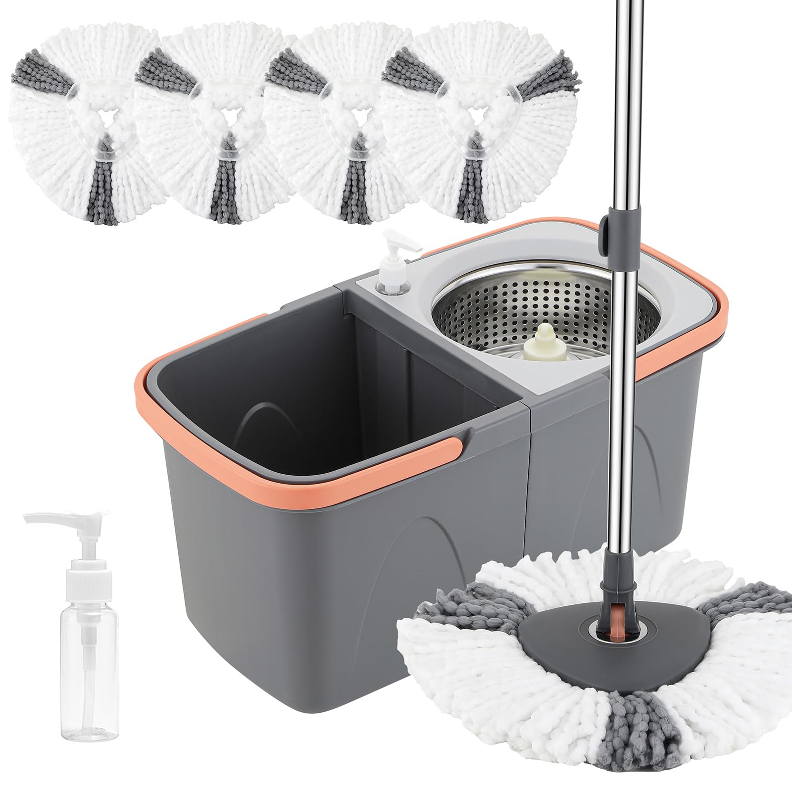 Spin Mop and Detachable Bucket Set with 5 Reusable Microfiber mop Head Dual-Chamber Water System Spining Mop Floor Cleaning Kit for Hardwood Tile Laminate Floors (Gray)