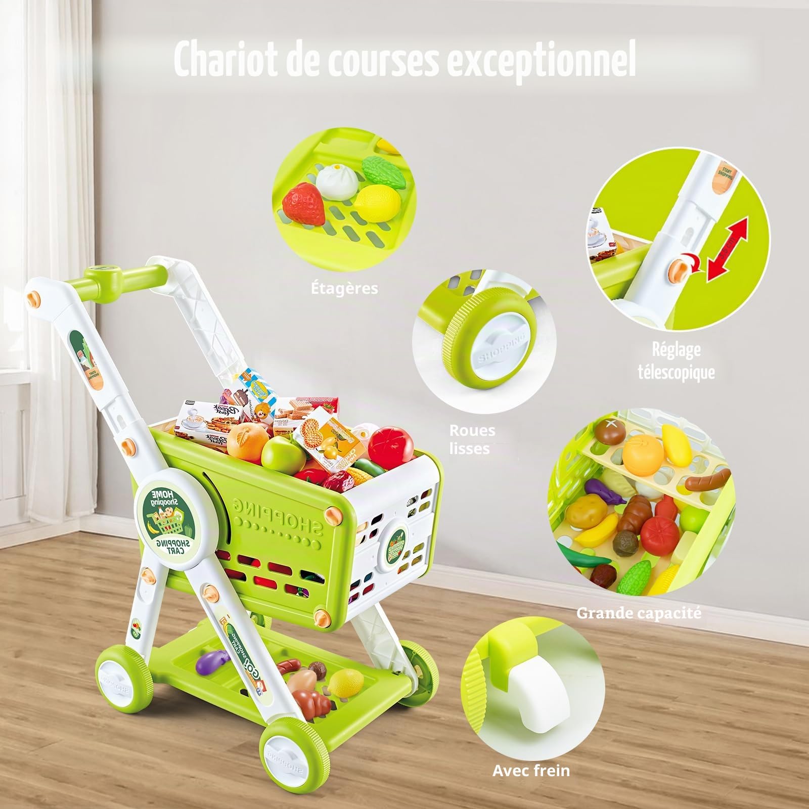 Chariot de Courses Enfant, 31Pièces Chariot de Supermarché Jouet avec Accessoires de Fruits Légumes Nourriture, Jeux de Rôle Caddie D'épicerie Magasin pour Garçons et Filles (Vert)