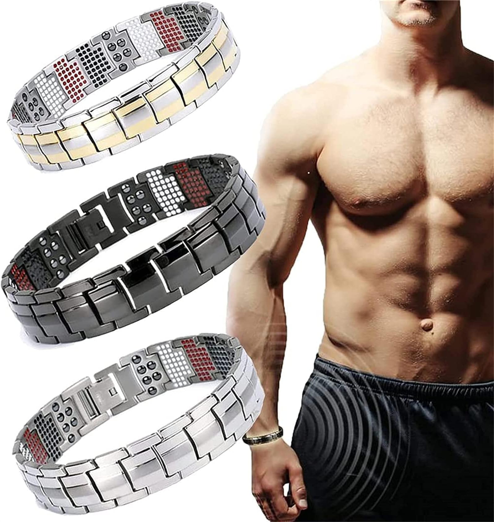 hmkazm 3Pcs IONWrist Energy Balancing Bracelet, Magnetotherapy Fit Plus Bracelet, New Adjustable Men's Double Magnet Wide Titanium Ultra Strength Magnetic Therapy Bracelet (Set-B)