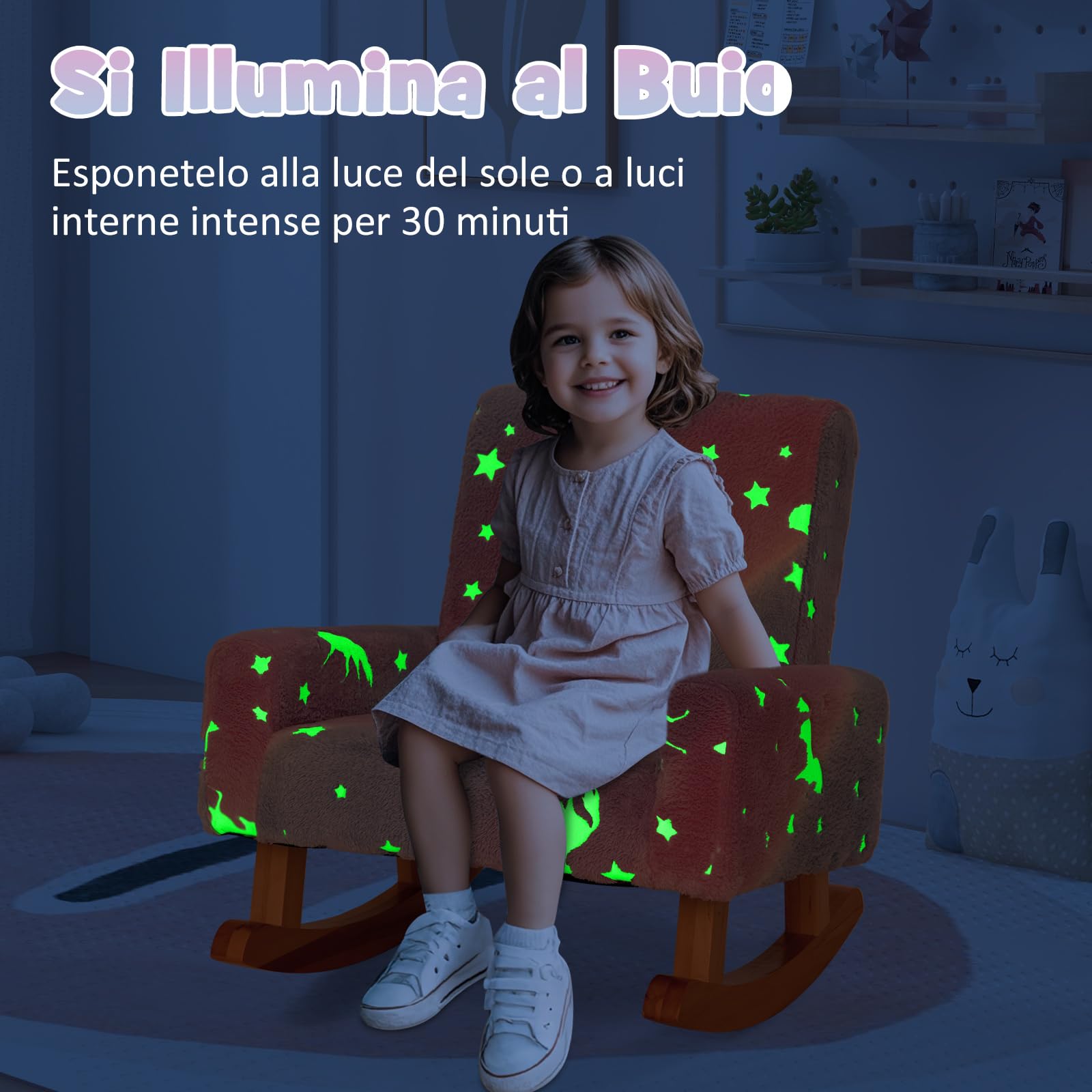 COSTWAY Sedia Dondolo per Bambini da 3 a 5 Anni, Poltrona in Flanella con Piedi a Dondolo in Legno, Motivi che si Illuminano al Buio,56 x 49 x 50 cm, Blu e Viola