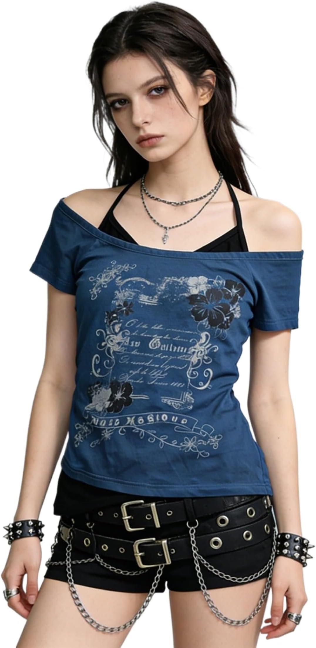 Grunge Emo Tops Women Y2k Clothes Fake Two Piece Baby Tees 2000s Goth Graphic Short Sleeve Off Shoulder Alt T Shirts