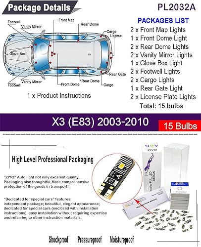 Miniatura 2 de PL2032A - Kit de luces LED para interiores (15 bombillas) de repuesto para BMW X3 E83 2003-2010 + paquete de bombillas de matrícula, luces de cúpula