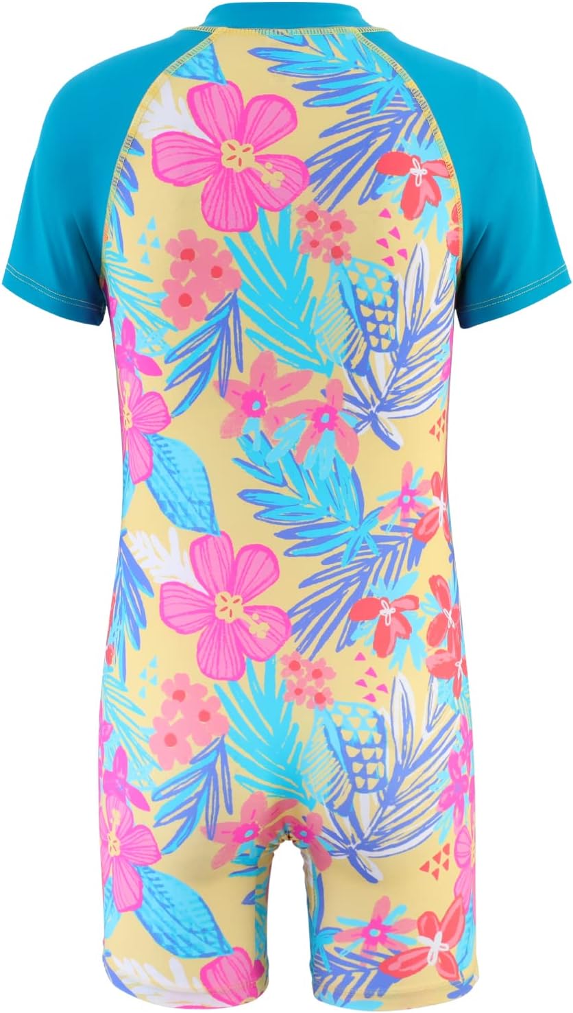 Girls Short Sleeve Rash Guard One Piece Swimsuits Zipper Front Bathing Suit Sun Protection 3-16 Years
