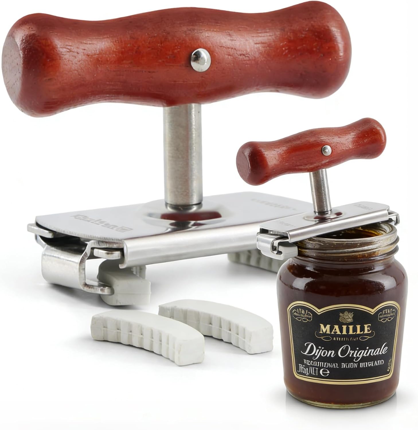 Jar Opener for Seniors with Weak Hands, Adjustable Lid Remover Tool for Jars and Bottles, Heavy Duty Stainless Steel with Wood Handle, Includes 2 Extra Anti-Slip Rubber Grips