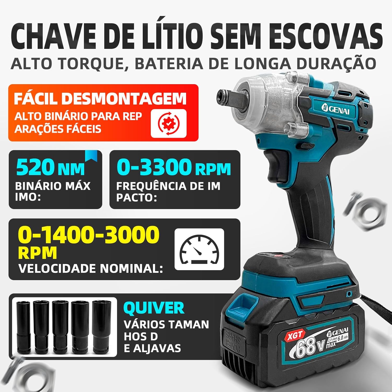 Brushless Impact Wrench with battery and sockets