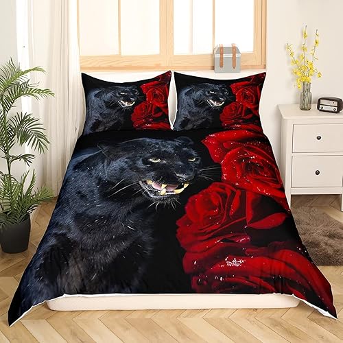 Miniatura 3 de Juego de funda de edredón de leopardo, tamaño matrimonial, juego de ropa de cama de animales de pantera negra en 3D, juego de funda de edredón de