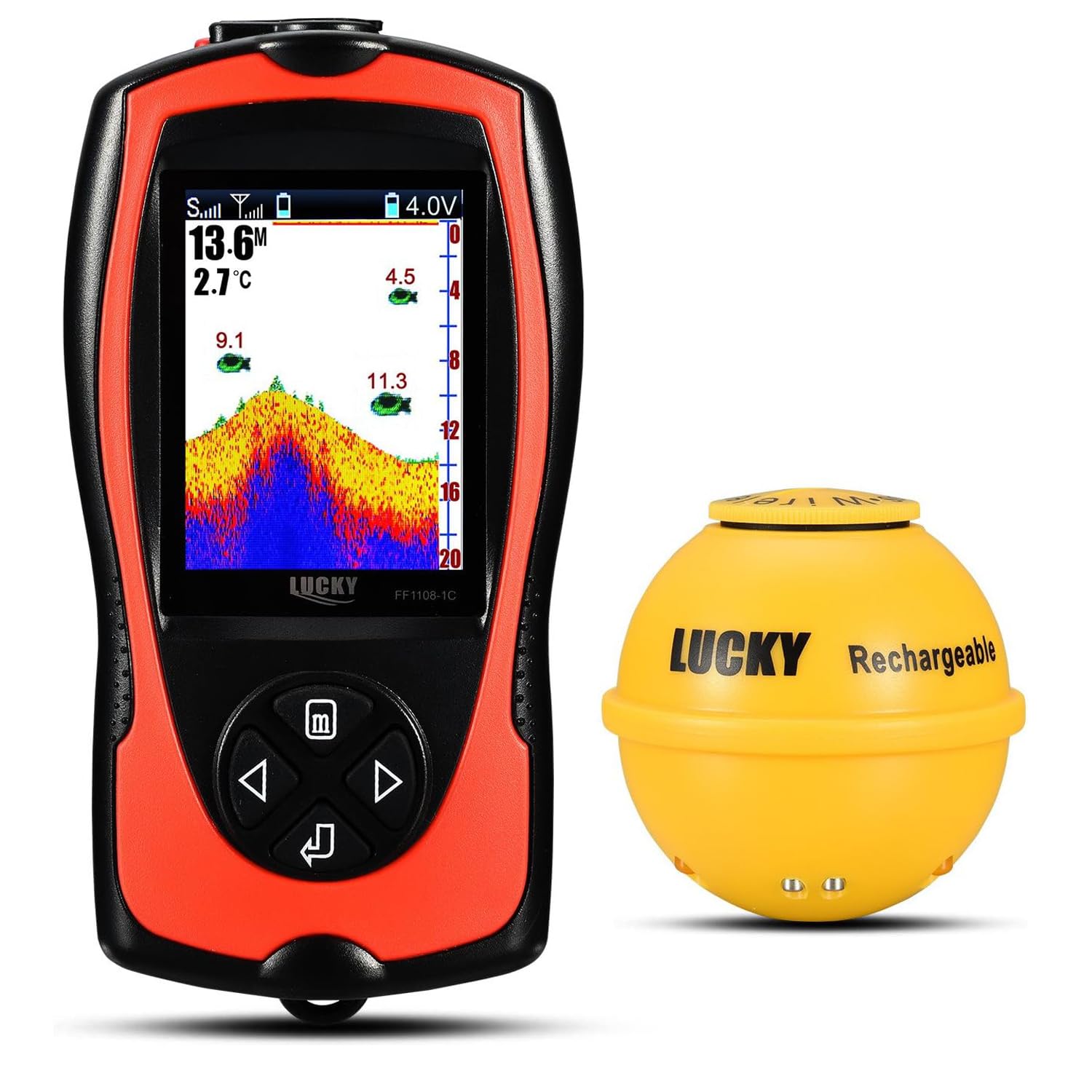 LUCKY Portable Fish Finder Transducer Sonar Sensor 147 Feet Water Depth Finder LCD Screen Echo Sounder Fishfinder with Fish Attractive Lamp for Ice Fishing Sea Fishing