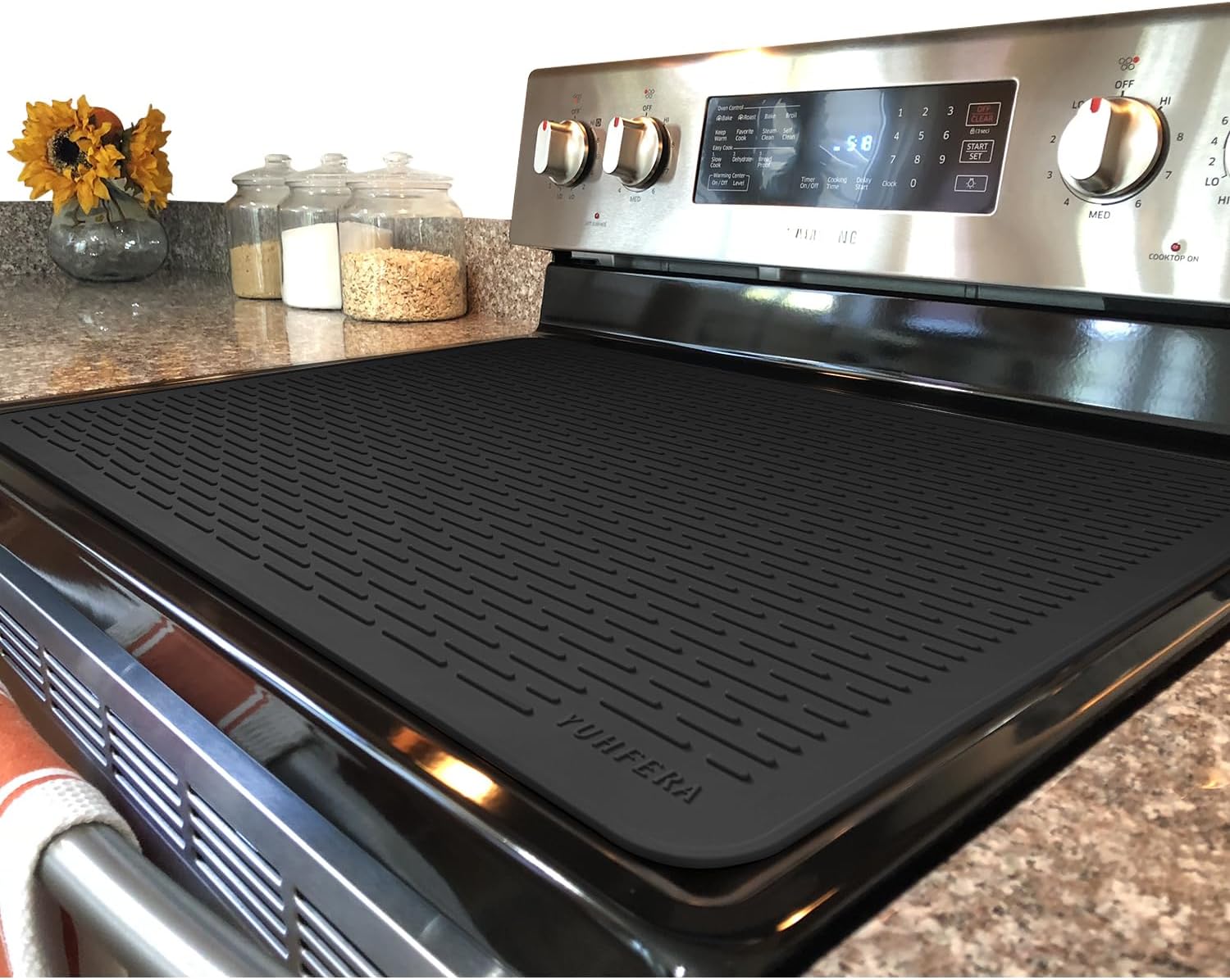 YUHFERA Stove Top Cover for Electric Stove - Silicone Stove Mat for Glass Top, Glass Cooktop Protector, XL Dish Drying Mats For Kitchen,Oven Covers for Electric Stove (Black,30 x 21)